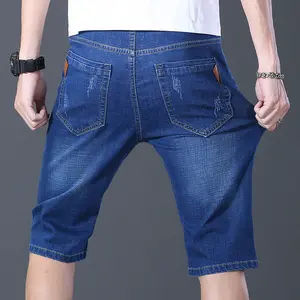 Men's summer short denim pants, slim-fit denim shorts, fashionable straight-leg comfortable stretch mid-rise shorts (without belt)