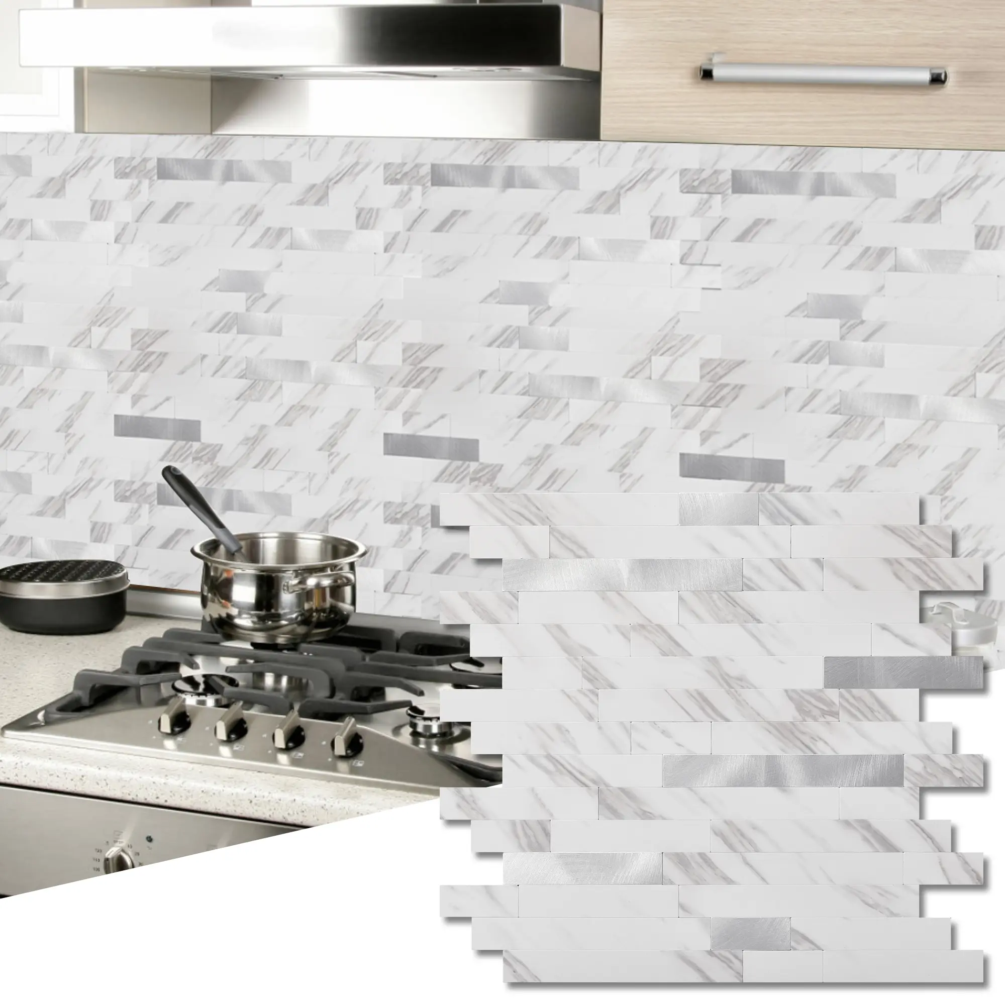 Art3D Peel and Stick Marble Backsplash Wallpaper, 10 Sheets 13.4"x11.8" White Marble Tone, Fade-Resistant Interlocking Drywall Wall Panels, Renter-Friendly Temporary Textured Accent Wall Option for Kitchen, Peel and Stick Wallpaper Designs
