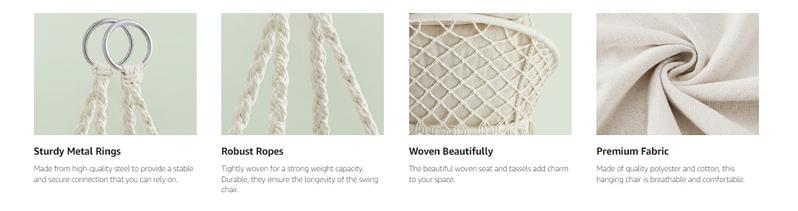 SONGMICS HOME Hanging Chair, Hammock Chair with Large, Thick Cushion, Boho Swing Chair for Bedroom, Patio, Balcony, Garden, Holds up to 264 lb, Accessories Included