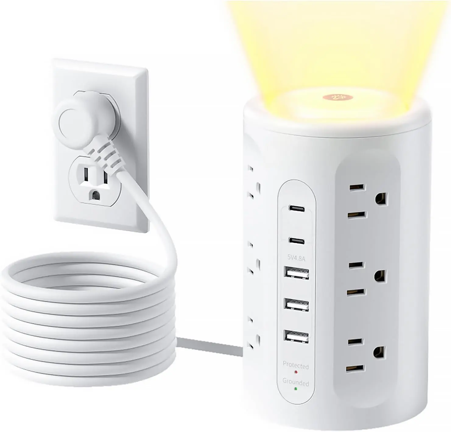 White Compact Surge Guard Power Strip Tower with Night Light - Overload Safe, Multi-Outlets, 110V-250V, 1625W/10A Overload & Short-Circuit Protection, 15W 10ft Extension Cord, 12 AC Outlets, 3A+2C USB Ports, 5.7 * 3.5 * 3.5 In, Indoor Home Office Use, Wal