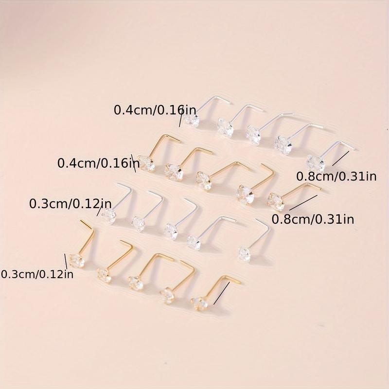 5Pcs Classic Golden/Silvery Nose Rings Ear Studs Boho L-shaped Nose Nostril Piercing Body Jewelry Women 3mm Shiny Cubic Zirconia Nose Screw Ear Stud Ring L-shaped Nose Stud Set
