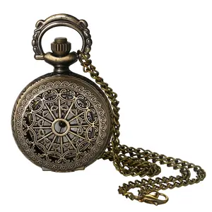 Women's Vintage Pocket Watch - Small Skeleton Hollow Pendant Necklace Quartz Analog Fob Watches with 30.7 Inch Chain