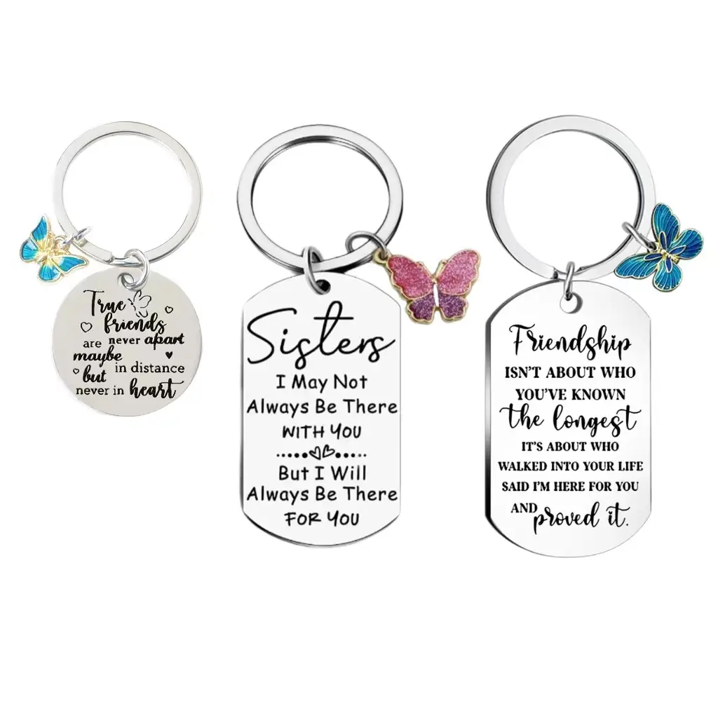 Friendship Butterfly Keychain For Best Friend Sister, Stainless Steel Engraved "True Friends" Quote Key Ring, Glitter Enamel Butterfly Charm Bag Accessory, Sentimental Graduation Birthday Long Distance Friendship Gift