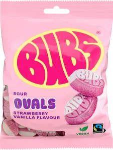 Swedish Bubs Strawberry Vanilla Mini Ovals - Swedish Candy - BUBS Sour Strawberry Vanilla Ovals - 90g Bag Chewy Sweet Sour Bonbon