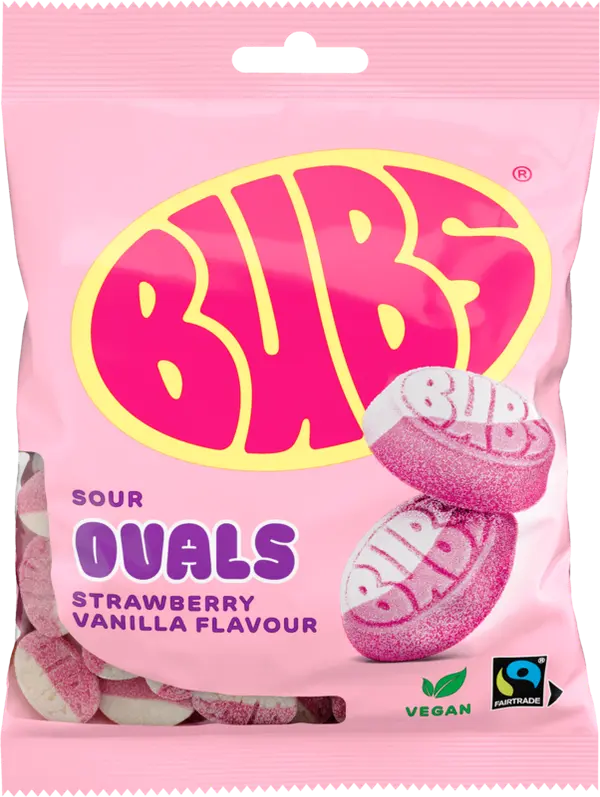 Swedish Bubs Strawberry Vanilla Mini Ovals - Swedish Candy - BUBS Sour Strawberry Vanilla Ovals - 90g Bag Chewy Sweet Sour Bonbon