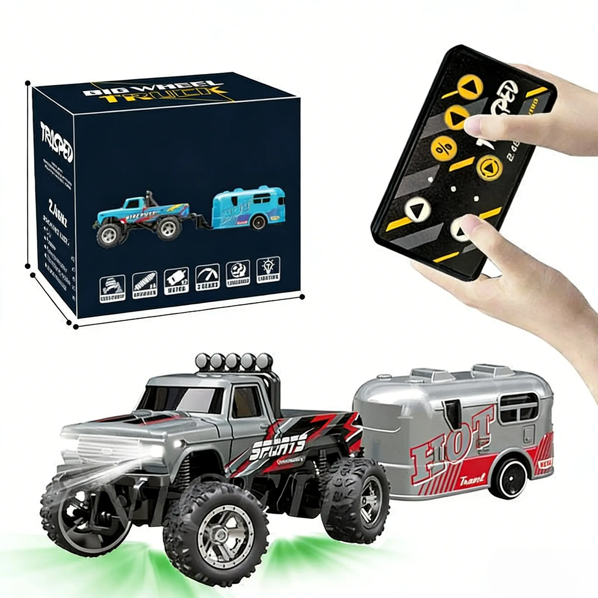 Mini Alloy Remote Control Car with Trailer - 2.4GHz Wireless Radio-Controlled Toy Truck, 3-Level Adjustable Speed & Steering, USB-C Fast Rechargeable, Eco-Friendly Off-Road Stomper, Desktop/Outdoor Use, Children's Gift for Endless Playtime
