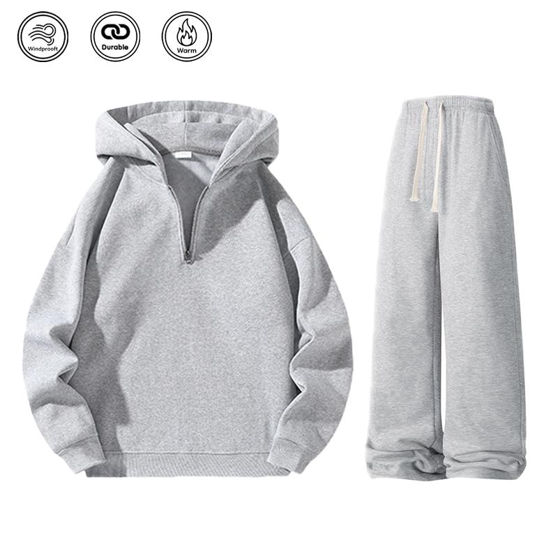 Men’s solid-color two-piece athletic tracksuit set featuring a regular fit: a casual off-shoulder half-zip hooded sweatshirt and drawstring jogger pants with pockets. Fleece lining for warmth, suitable for autumn and winter, ideal for everyday wear and wo