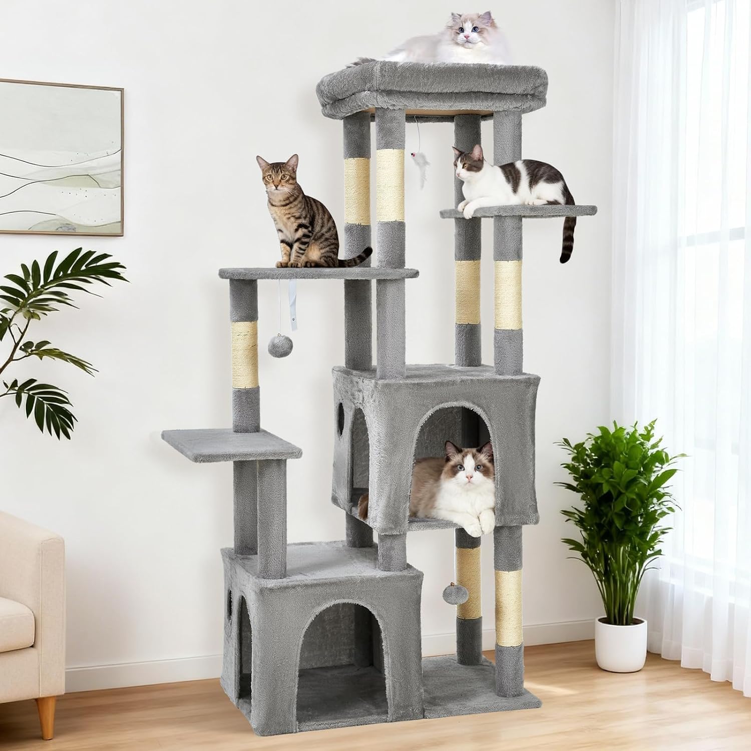 61" Large Cat Tree Tower for Indoor Cats, Heavy-Duty Multi-Level Cat Condo for Maine Coon & Big Cats with Extra-Large Perch, 2 Spacious Houses, Sisal Scratching Posts & Hanging Toys