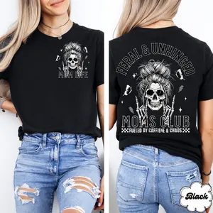 Graphic T-shirtFeral and Unhinged Moms Club Shirt, Skeleton Coffee Mom Shirt, Edgy Mom Graphic Tee, Funny Mom Shirt, Trendy Mom Shirt, Rad Mom Shirt| viral mom tee, coffee lover mom, sarcastic humor, edgy streetwear,  US trend