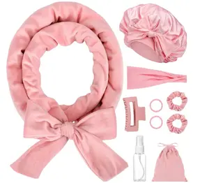 Heatless Curls Overnight with Sleep Bonnet, 62" No Heat Soft Hair Curlers Headband, Curl Styling Kit for Long Medium Hair, 10 Pcs Fashion Curling Rod Set for Women