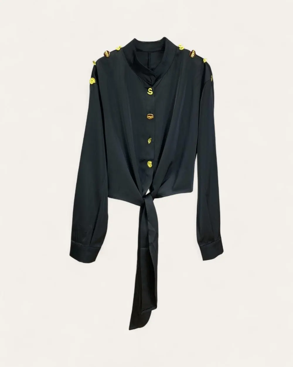 Women's Statement Satin Polyester Blouse - Long Sleeves, Decorative Buttons, Woven, Embellished, Cropped Fit, Tie-Front Design, Solid Womenswear Top, Statement Decorative Buttons