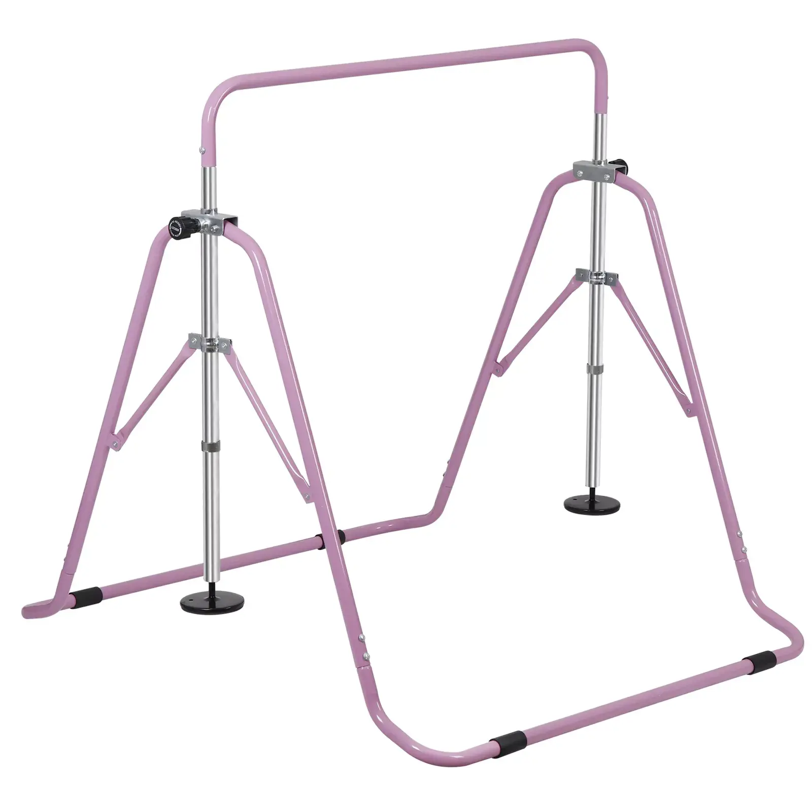 Pink Gymnastics Bar for Kids, Foldable Steel Training Equipment with Adjustable Height 36"-52", Sturdy Triangle Base and Non-Slip Floor Guarding Pads, Rubber Pads Guard Floors