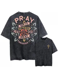 Unisex Vintage Washed Oversized Black T-Shirt, Short Sleeve, Graphic Print, Crew Neck, Loose Fit, Cartoon Rose Cross Design, Slight Stretch, Breathable, All-Season, Colorful Pattern, Men and Women'S Fashion, Ev Crewneck Menswear, Activewear, Sportswear