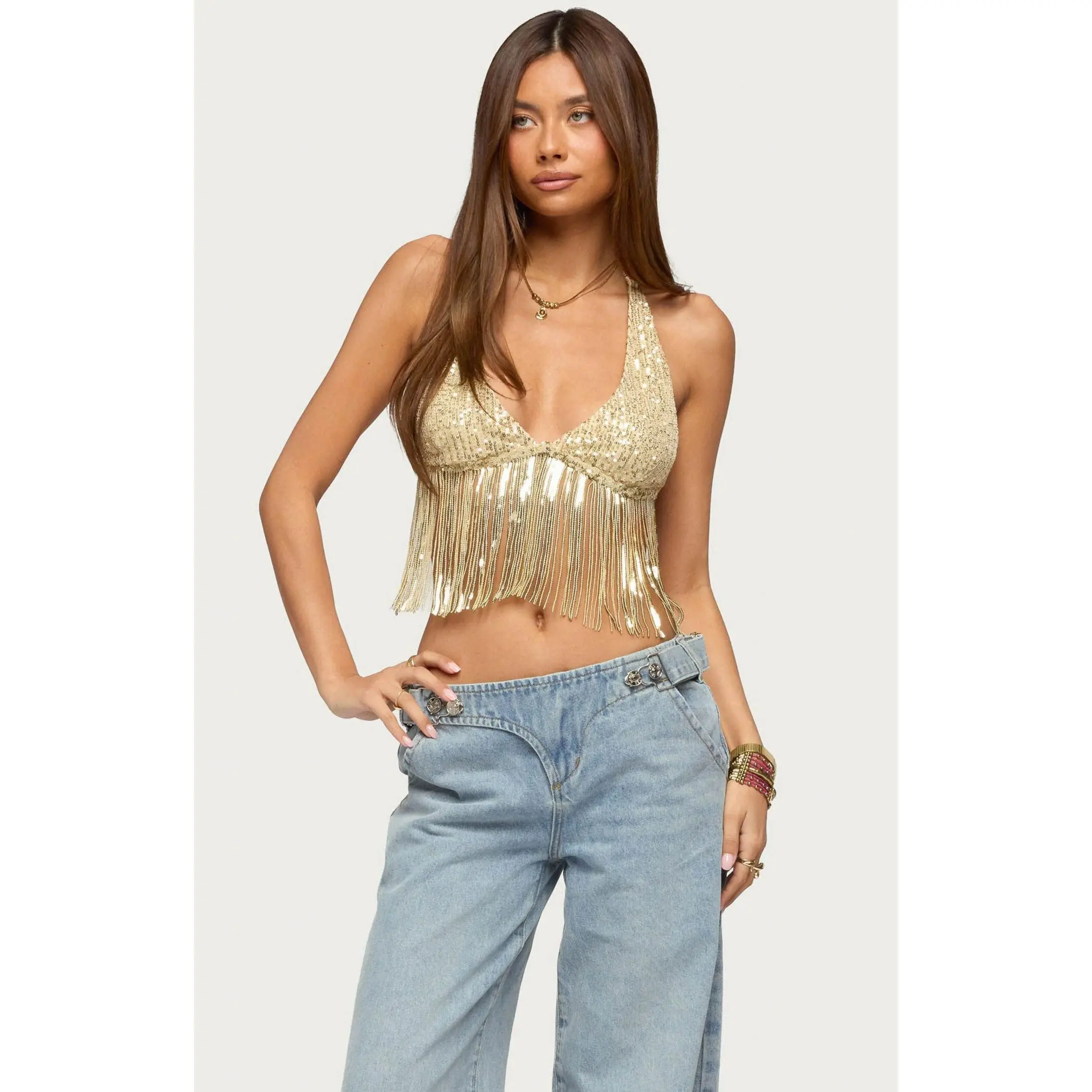 Edikted Women's Azura Sequin Fringe Bra Top