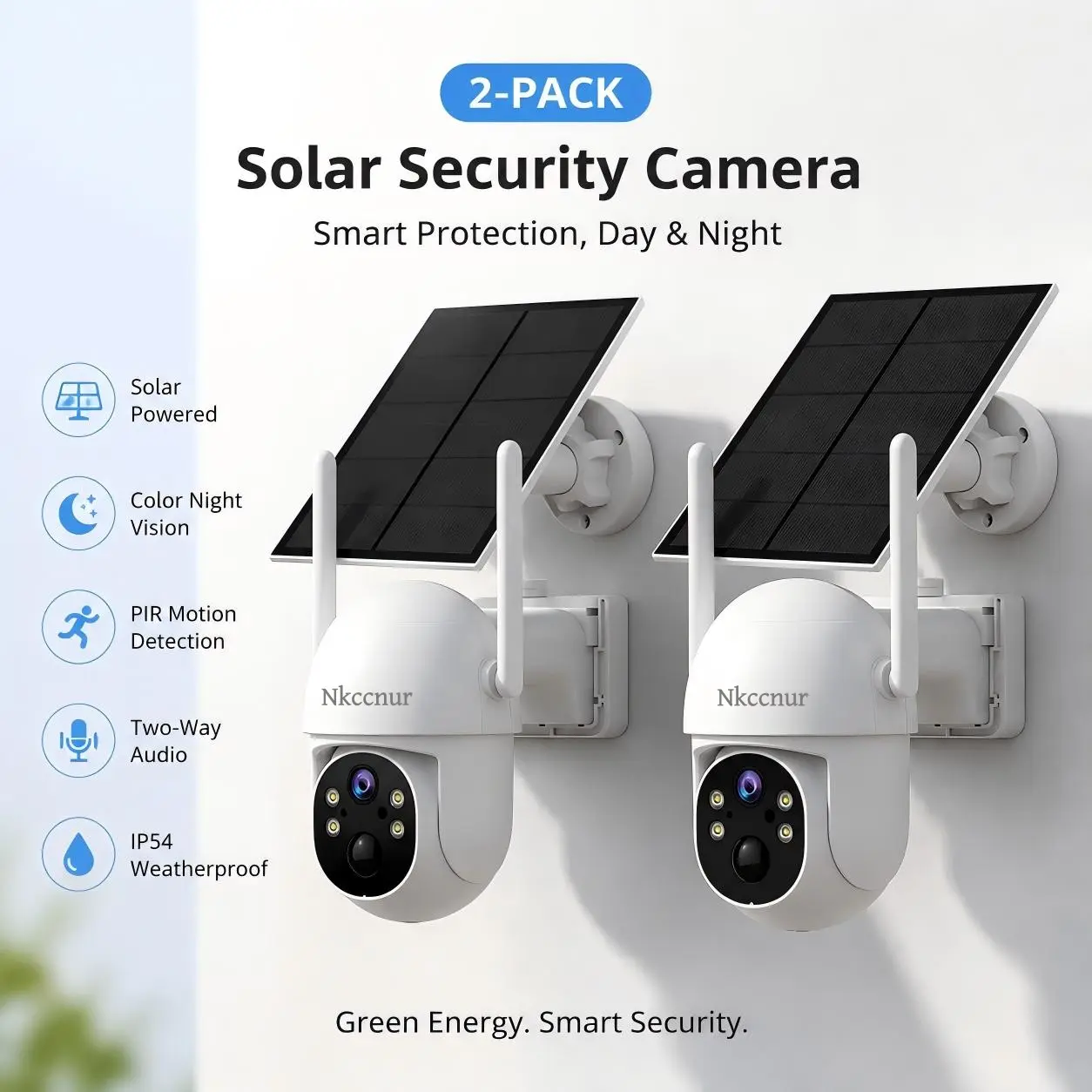 NKCCNUR 2pcs Solar Security Camera,   360° View, Solar/Battery Powered, 2K HD, AI Human Detection, Night Vision, IP54 Waterproof.
