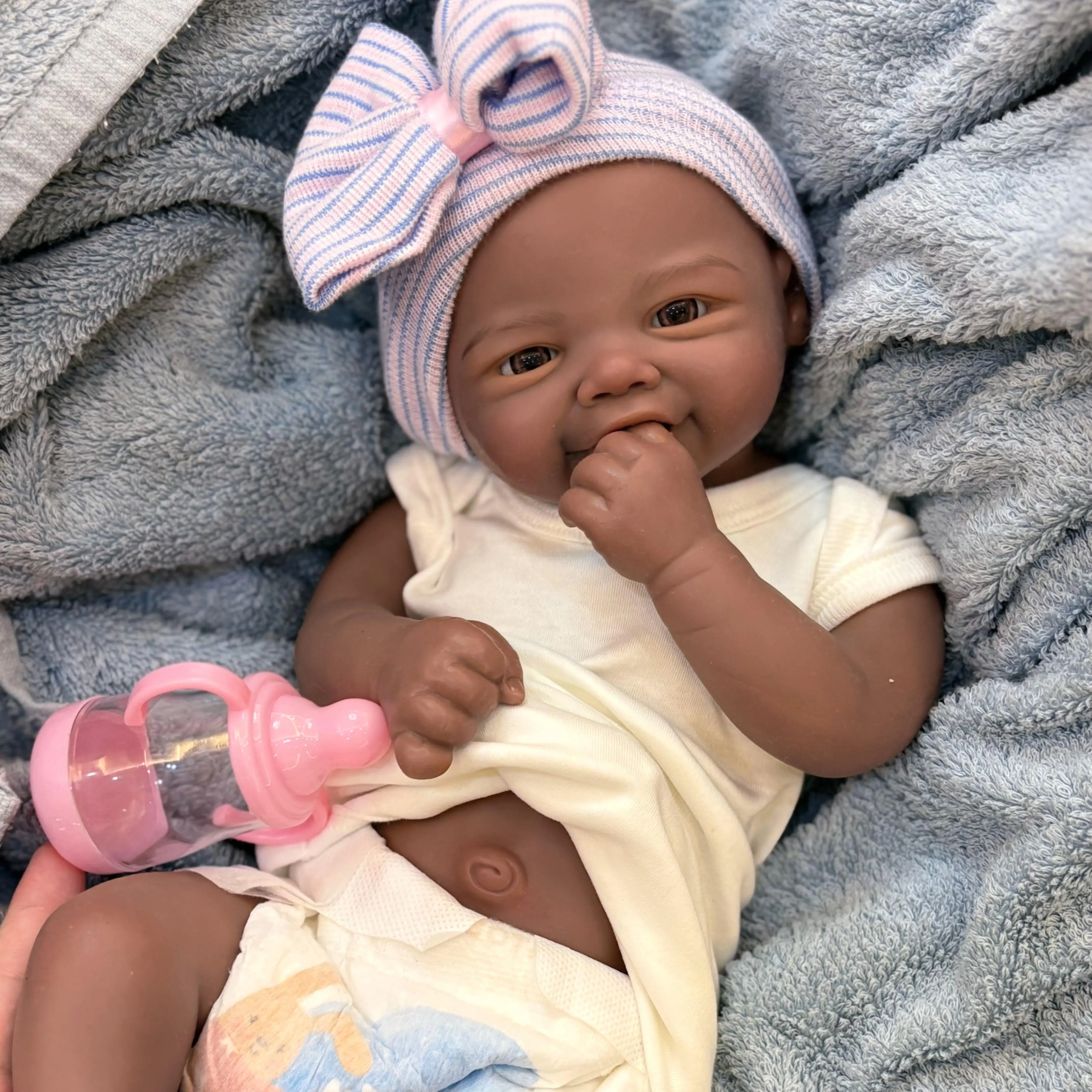 18-in Lifelike Newborn Baby Doll, Soft Silicone Brown Skin Doll with Happy Smile, Realistic Details, Soft Body, Bottle, Birth Certificate & Comfort Item, Ideal for Collectors & Birthday Gifts, Lifelike Newborn Doll