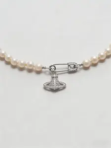 Pearl Choker Necklace with Crystal-Encrusted Safety Pin & Orb Pendant – Chic Statement Jewelry