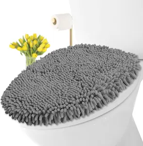 Toilet Lid Cover with Stretch Fit Elastic Band – Chenille Microfiber Toilet Seat Non-Slip Cover for Bathroom – Soft Plush, Machine Wash And Dry, Comfort & Clean Look (18 x 18'', Light Gray)
