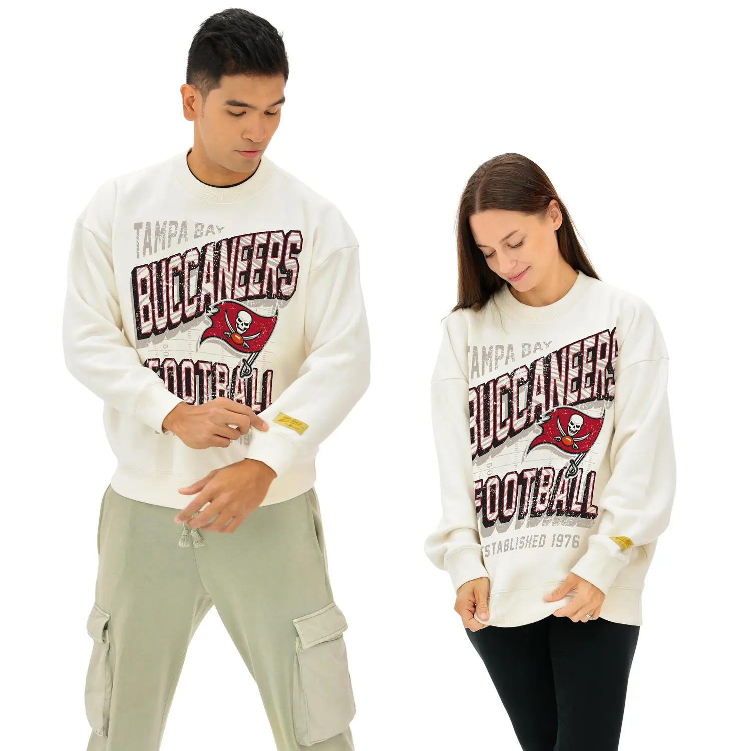 Zubaz NFL  UNISEX 90s Vintage First Down Drop Shoulder Crewneck- Off White, TAMPA BAY BUCCANEERS