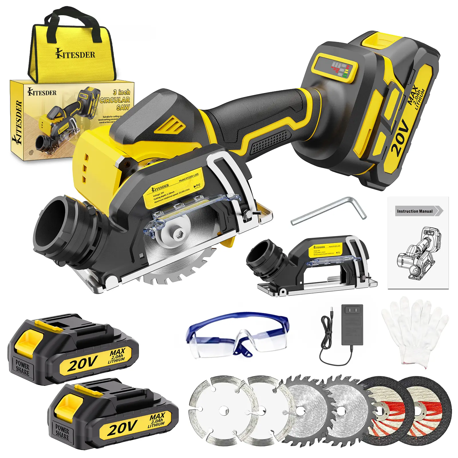 KITESDER 20V Brushless Cordless Mini Circular Saw, 3 Inch 19500 RPM Power Saw with Adjustable Cutting Depth, Quick Blade Change & Dust Collection, for Wood/Metal/Tile Cutting, Woodworking & Gardening