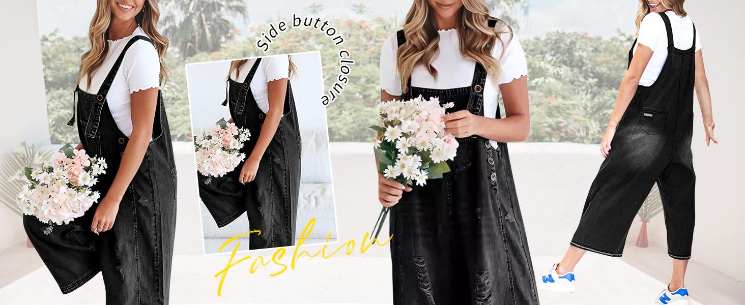 Ebossy Women Minimalist Blue Loose Strappy Adjustable Strap Denim Bib Overall Jeans Distressed Wide Leg Baggy Overalls Jumpsuit Womenswear Basic