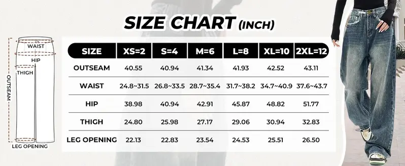 Original XS to XXL jeans size chart in inches