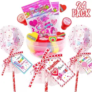 Valentines Day Gifts for Kids - 24 Pack Giant Lollipop-Shaped Stationery Set with Valentine's Cards Pencils Stickers Erasers Stampers Sharpener for Classroom Exchange School Boys Girls Party Favors(No Light)