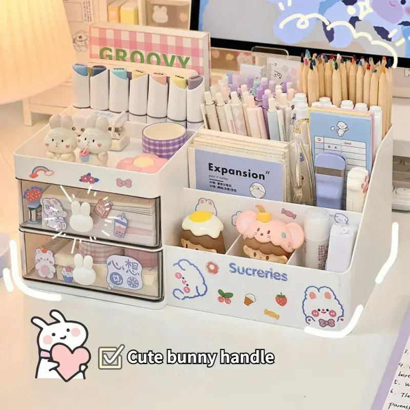 Desktop Cosmetic Storage Box Organizer Drawer Office Storage Rack Stationery Desk Pen Holder Bunny Drawer Organizer Cute Kawaii Plastic Korean