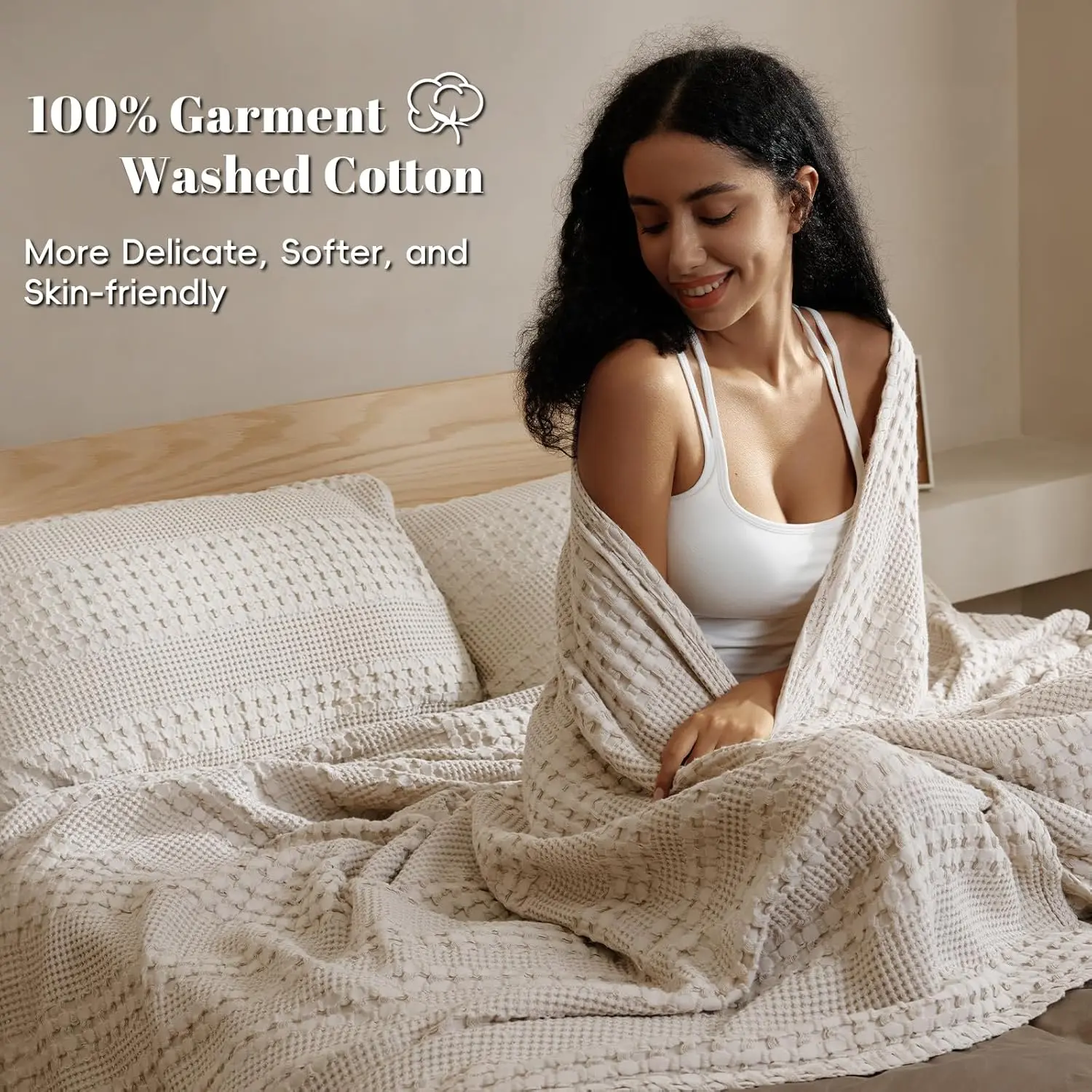 PHF 100% Cotton Weave Waffle Blanket, Aesthetic Soft Lightweight and Breathable Blanket for Bed Sofa Home Decor for Spring and Summer, Luxury Aesthetic, Ideal Gift