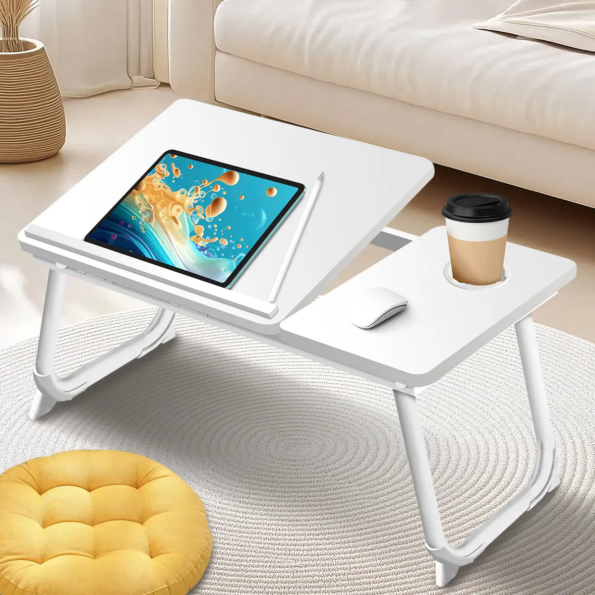 1pc Sturdy Adjustable Height Foldable Table - Multifunctional Portable Desk with Cup Holder - For Home Office, Study And Reading#Summervibes，homeessentials