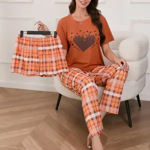 Women’s summer casual sleepwear loungewear set. A comfortable three-piece set featuring a crew-neck short-sleeve T-shirt with heart print and plaid long pants with an elastic waistband is a perfect choice.