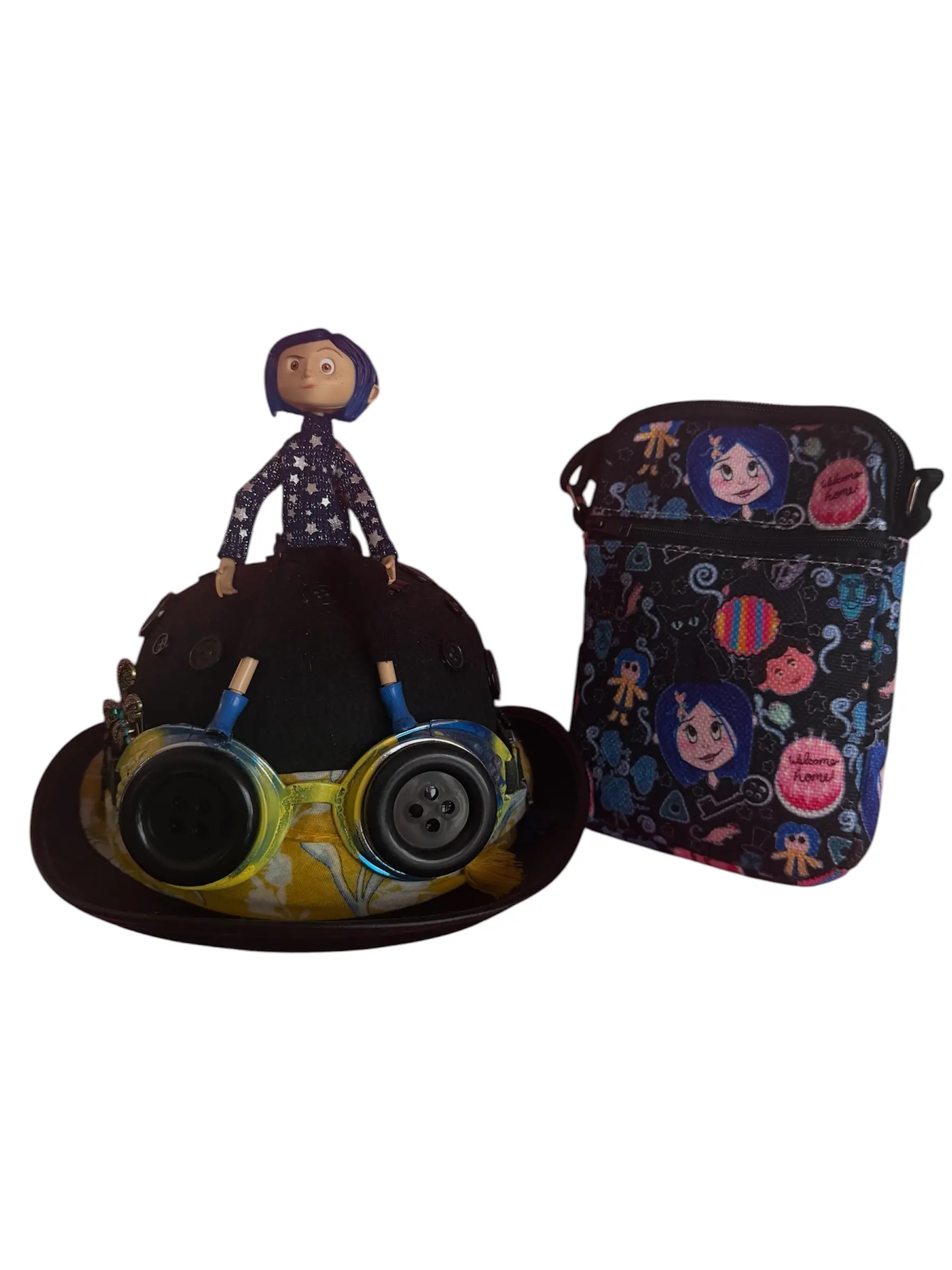 Once upon a outfit Limited Edition Coraline-Style Statement Hat - Unisex Dark Cute Collectors' Handmade Fashion Accessory with Custom Elements, Lightweight Wearable for Photoshoots, Great for Fans