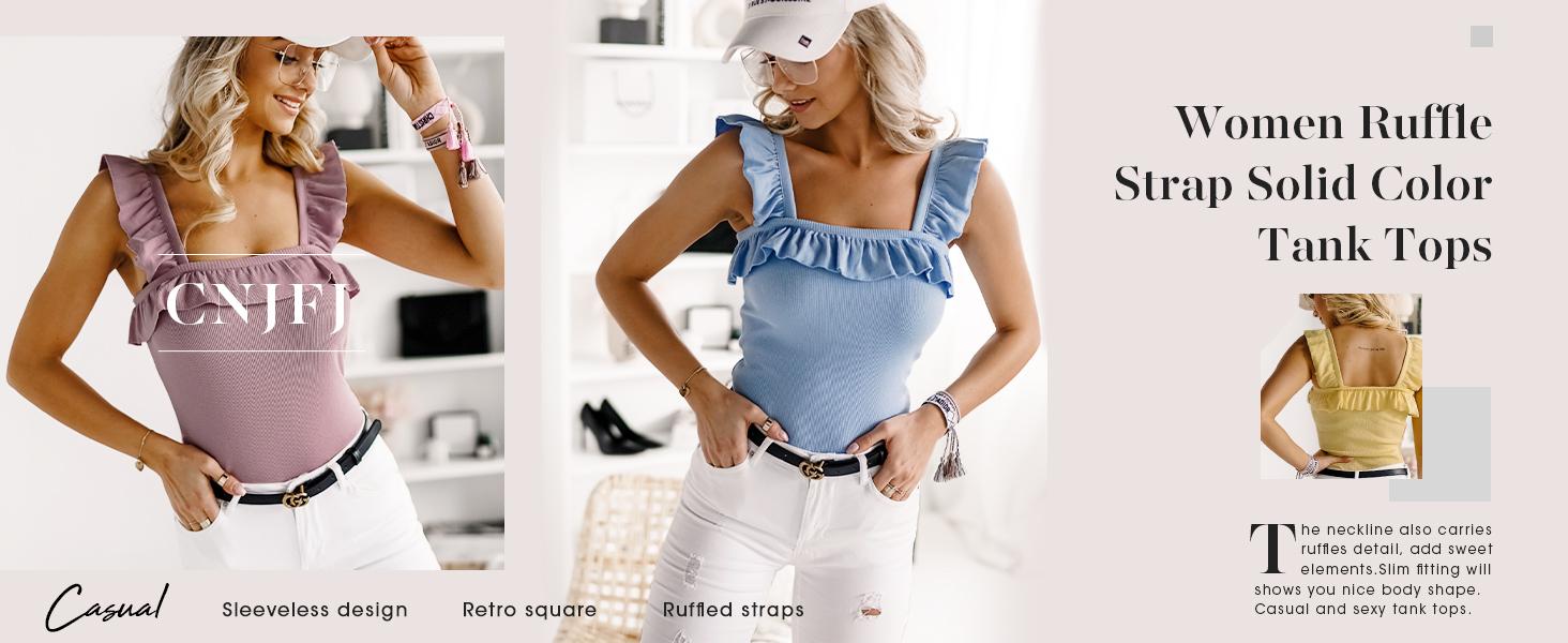 Imily Bela Womens Cute Sleeveless Tank Tops Ruffle Strap Square Neck Blouse Solid Color Knitted Camisole