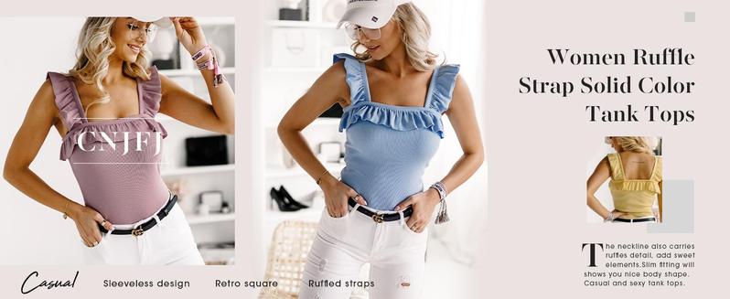 Imily Bela Womens Cute Sleeveless Tank Tops Ruffle Strap Square Neck Blouse Solid Color Knitted Camisole