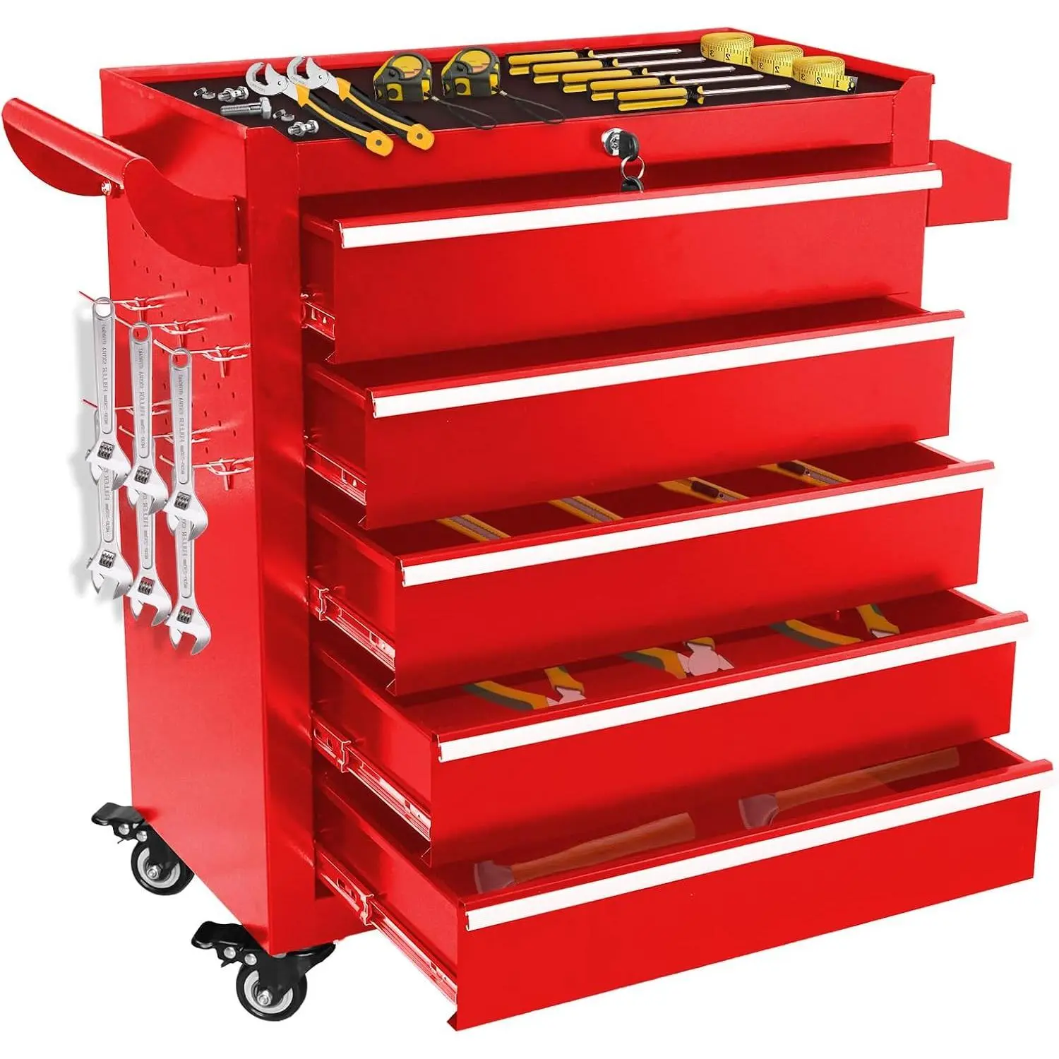 Red Heavy-Duty Steel 5-Drawer Rolling Tool Cabinet with Lock, Wheels & Hooks - Tool Boxes for Garage & Workshop, Mechanic Storage Solution with Smooth Sliding Drawers (Assembly Required), Mechanic Tool Box