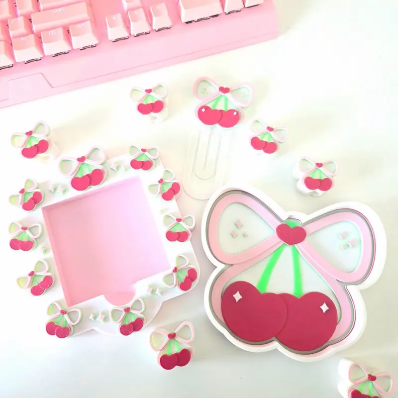 3D Printed Cherry Bow Desk Set - Adorable Pink & Green Cherry Design for Cute Office Decor