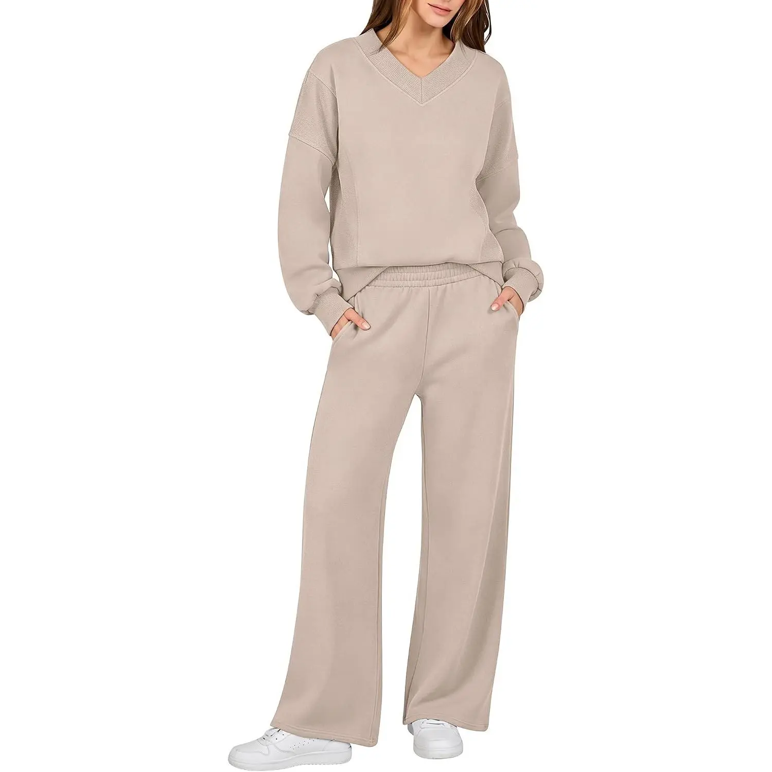 ANRABESS Two Piece Lounge Sets for Women V Neck Sweatsuits Oversized Sweatshirt & Wide Leg Pants Tracksuit, Soft Airport Travel Outfit, Casual Matching Set, Fall Winter Wear