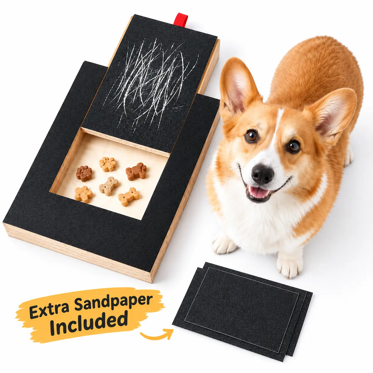 Pet Grooming Claw Care Interactive Scratch Pad for Small/Medium-Large Cats & Dogs - Gentle Filing Wood Board with Treat Drawer, Nail Trimmer Toy, 1 Extra Sandpaper