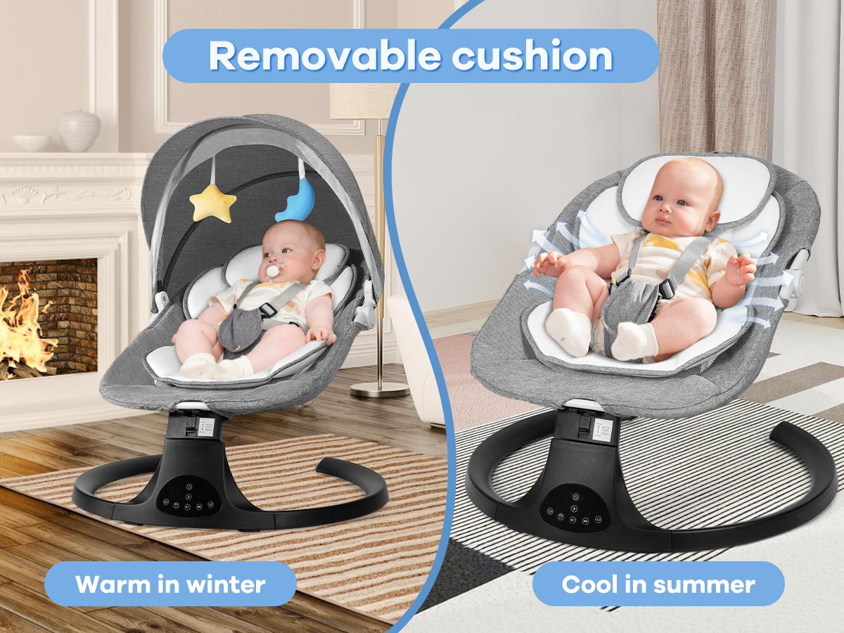 Baby electric rocking chair, electric baby swing, 5 speeds, 10 melodies, Adapter and screw battery ,  Suitable for indoor use,New generation grey remote control, comfortable and relaxing atmosphere，Portable Swing for Baby Boy Girl