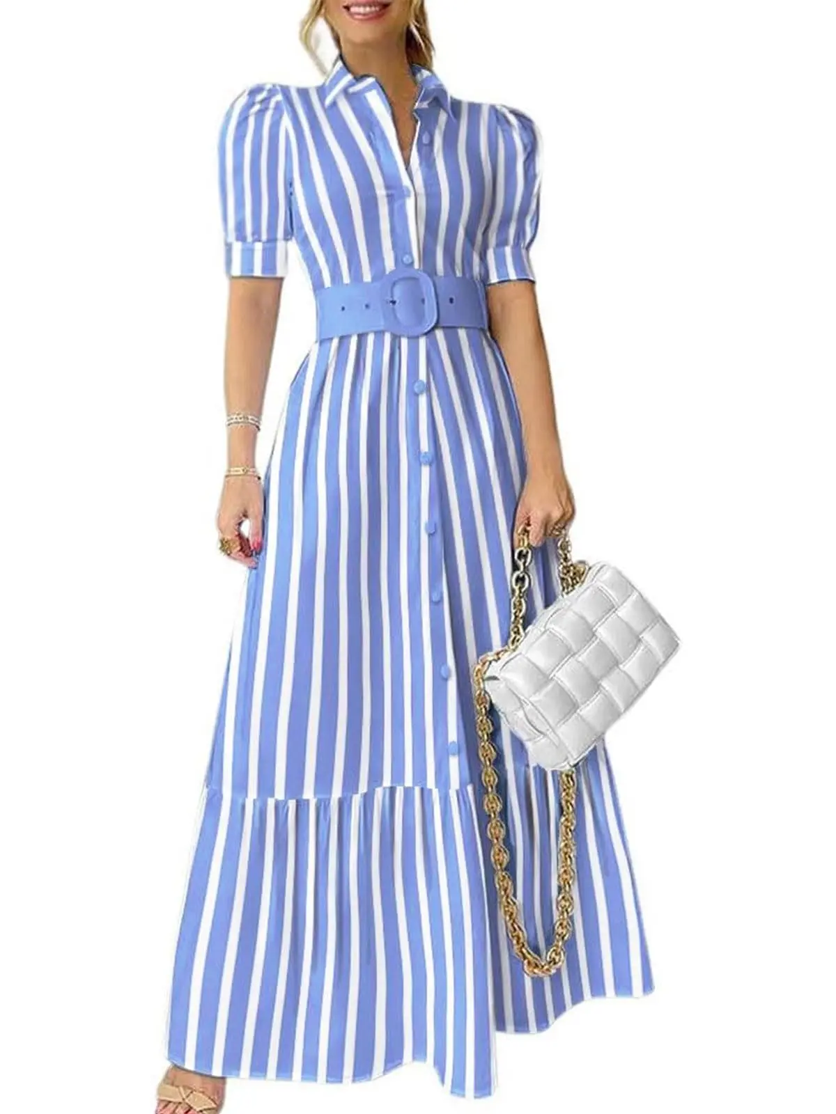 Ebossy Women's Striped Button-Down Casual Puff Short-Sleeve Ruffle Hem Maxi Dress with Belt, Casual Beach Dress for Spring-Summer Wear, Blue Womenswear Design, Maxi Dress For Women