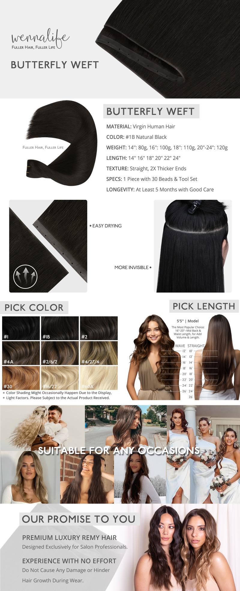 WENNALIFE Butterfly Weft Sew In Hair Extensions Real Human Hair Genius & Seamless Breathable & Invisible Natural Luxury Remy Hair Straight Fuller Extension