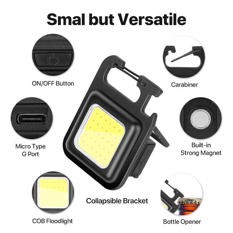HYPERLITE 2-Pack Mini COB LED Flashlight – USB Rechargeable Keychain Light with Bottle Opener, Foldable Waterproof Design, Compact Handheld Work Light for Camping, Hiking, Emergencies, and Car Repairs，Jumpstart newyear