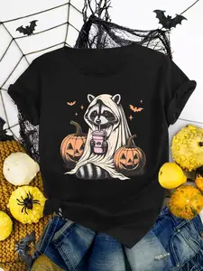 Women's Halloween T-Shirt: Cotton cute hooded raccoon pumpkin cup print stretch loose party top, red Halloween costume, suitable for masquerades & daily wear, machine washable;