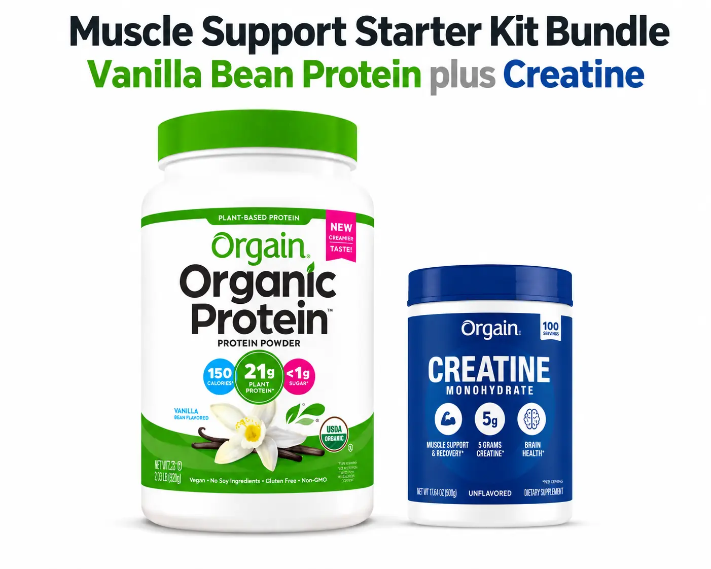 Orgain Vanilla Bean Plant Protein + Creatine Bundle | 21g Organic Plant Protein & 5g Creatine Monohydrate | Vanilla Bean Protein Powder + Unflavored Creatine | Fitness Bundle