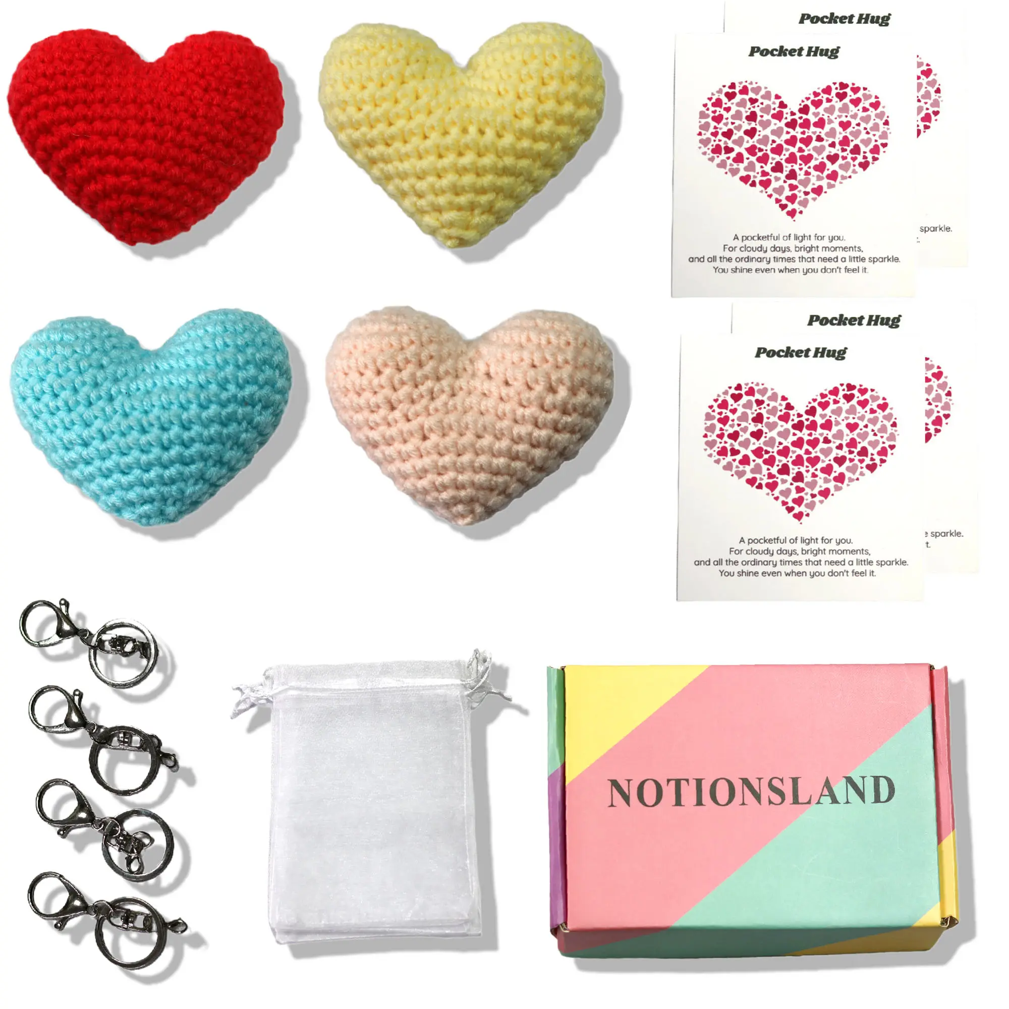 NOTIONSLAND 4-Piece Hand-Crocheted Pocket Hug Keychain Set A Portable Heartwarming Love Mini Gift for Valentine‘s,or Emotional Support,Tween Festive Party &Back To School Gifts, As A Token of Appreciation for Students, Friends, Colleagues, Family