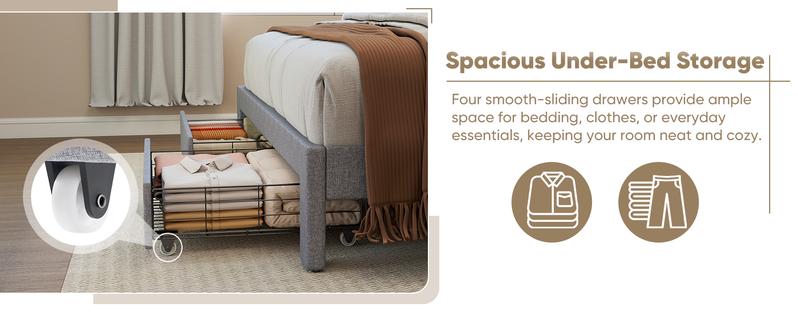 Linen Upholstered Platform Bed with 2 Drawers, Storage Bed Frame With Tufted Headboard