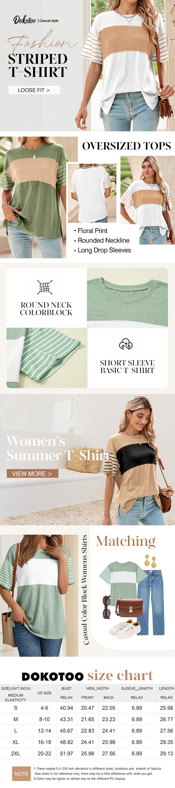 Dokotoo Women's Summer Tops Trendy Oversized 2026 Crewneck Casual Color Block Striped Shirts Blouses Soft Stretchy Breathable Material Classic Contrast Colors Perfect for Work & Leisure