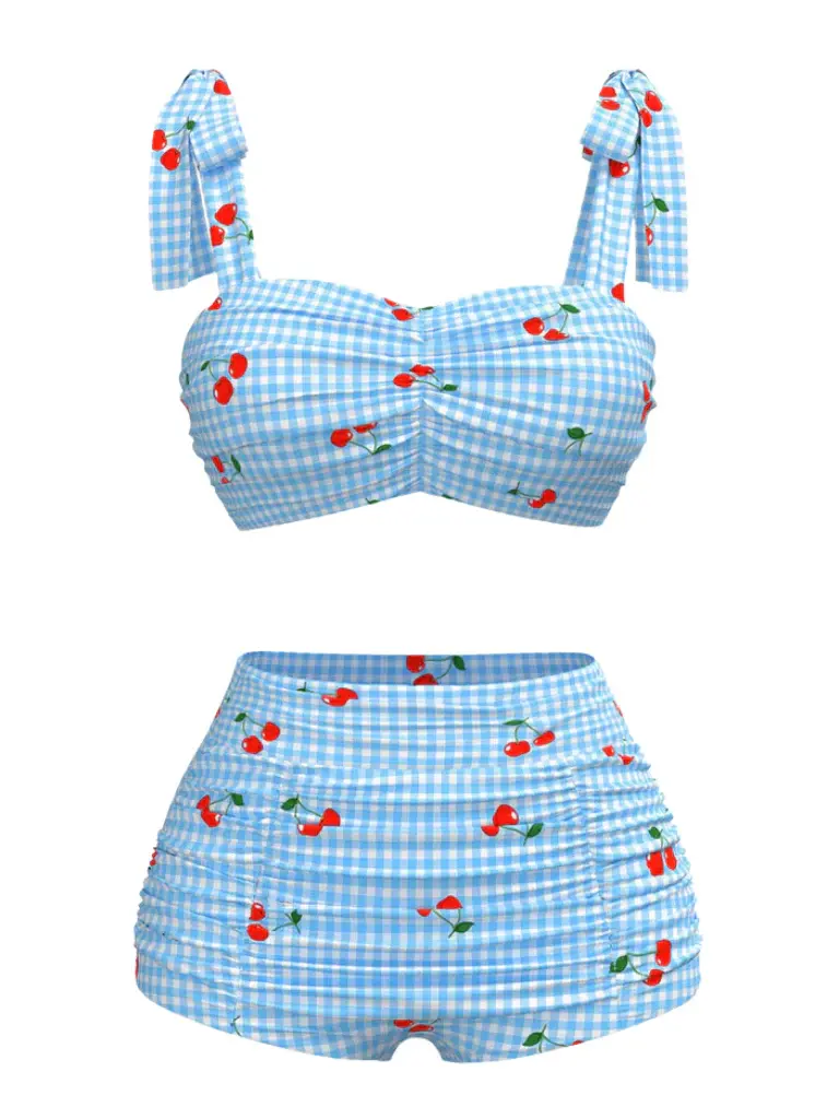 RETRO STAGE Women's 1950s Blue Cherry Plaid Lace-Up 2-Piece Tankini Swimsuit Set - High-Rise Swim Bottoms, Chic Tankini Swimwear, Women's Bathing Suitsvacation swimwear for women cute summer outfits