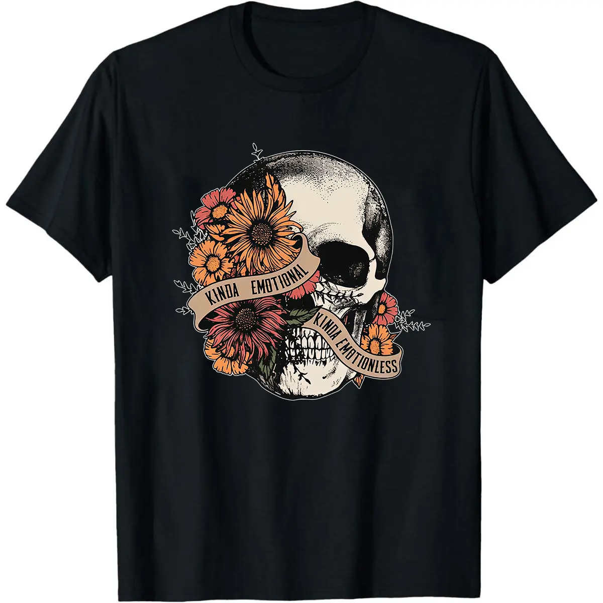 Kinda Emotional Kinda Emotionless Skull Sweatshirt, Skull With Flowers Pullover, Vintage Gothic Skull Crewneck, Fall Aesthetic Cozy Shirt