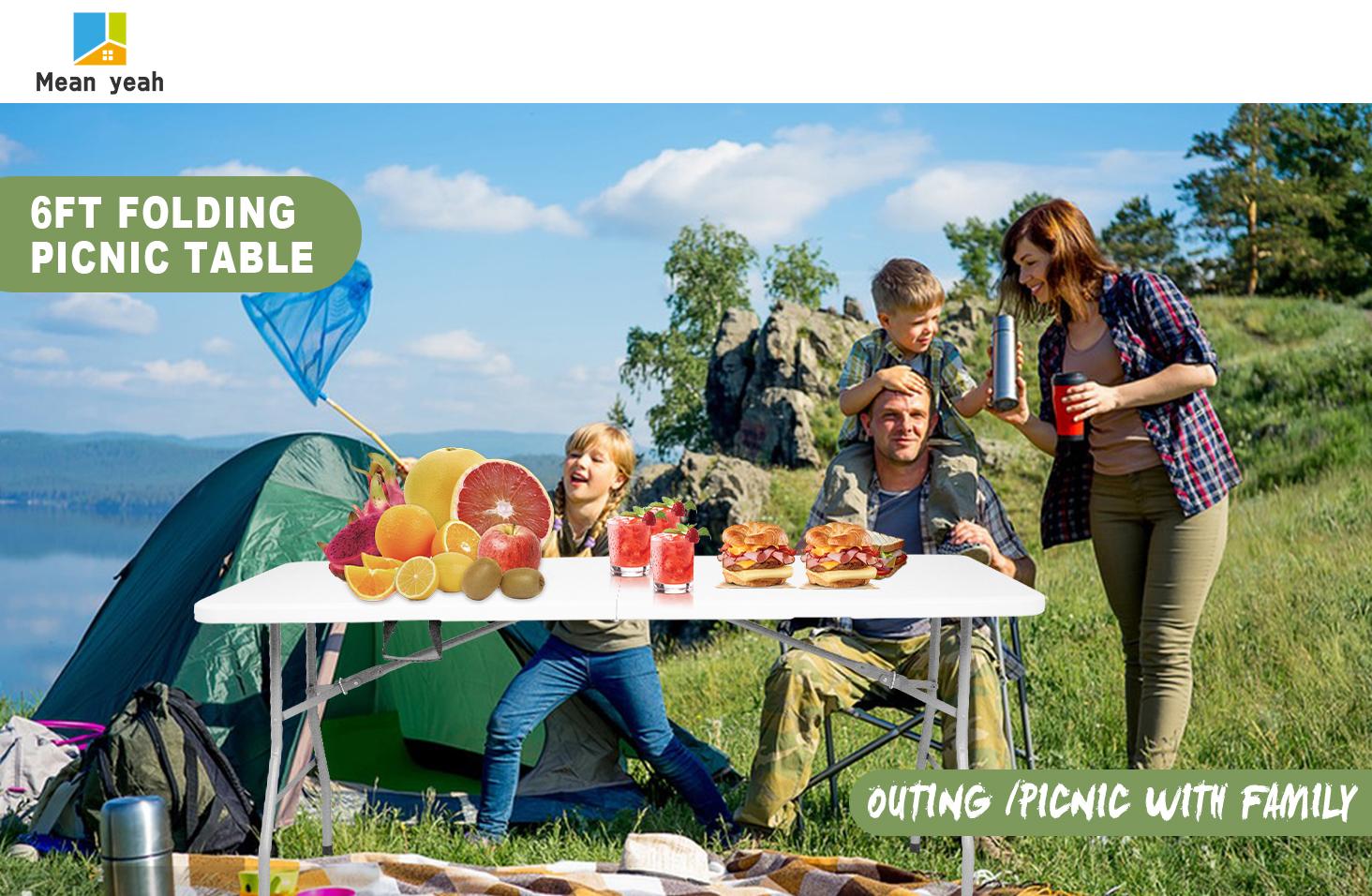 4/6FT Plastic Folding Table, Portable Picnic Table Outdoor, for Camping, Party, Wedding,Picnic, with Lock, Handle - White